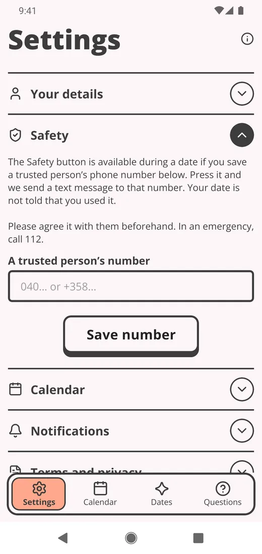 The Safety section of the settings, open, with the field for a trusted person’s number.