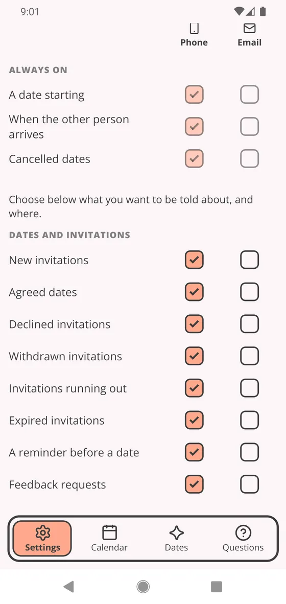 Notification settings: each notification can come to your phone, your email or both