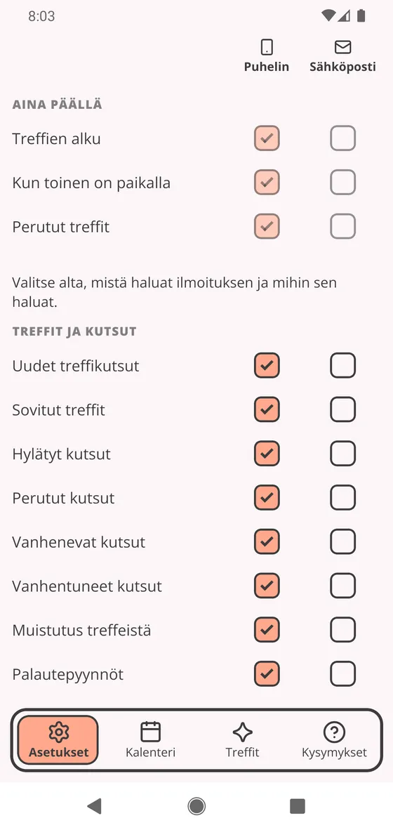 Ilmoitusasetukset: jokaiselle ilmoitukselle valitaan puhelin, sähköposti tai molemmat