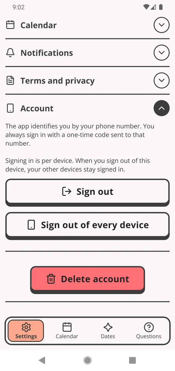 Account opened: Sign out, Sign out of every device and Delete account