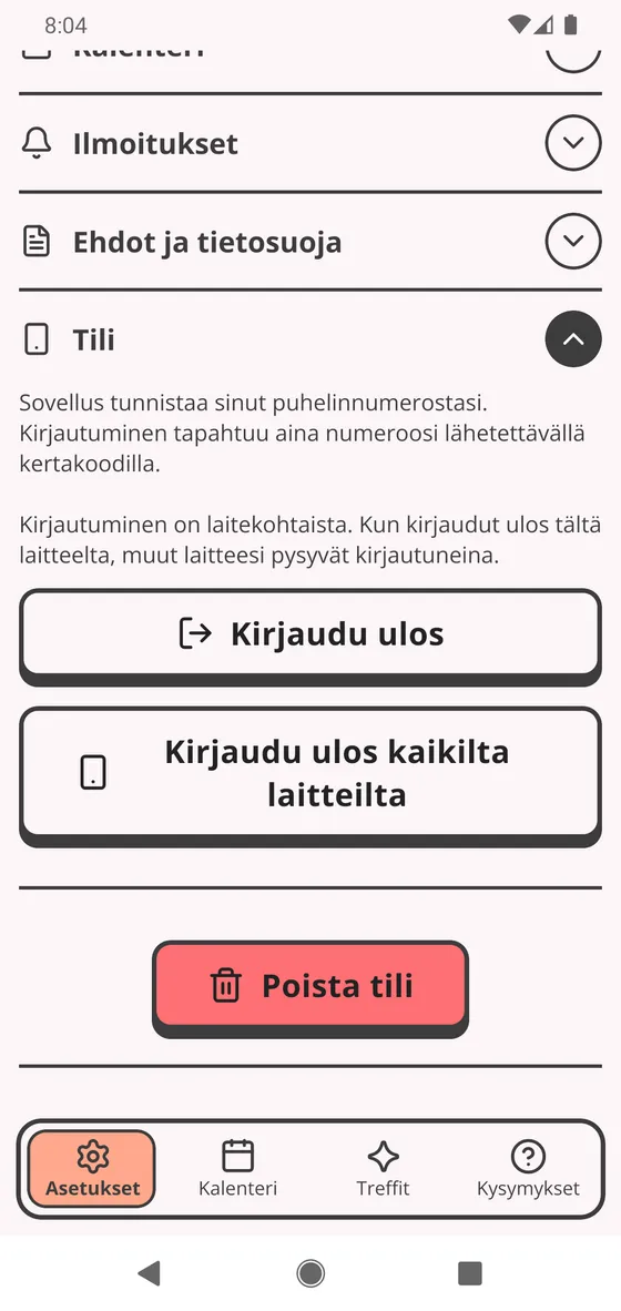 Tili avattuna: Kirjaudu ulos, Kirjaudu ulos kaikilta laitteilta ja Poista tili