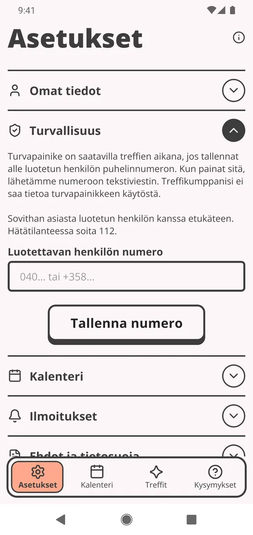 Asetusten Turvallisuus-osio avattuna, ja siinä kenttä luotettavan henkilön numerolle.