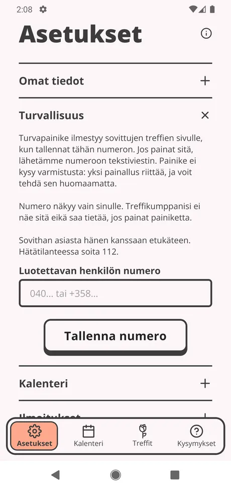 Asetusten Turvallisuus-osio avattuna, ja siinä kenttä luotettavan henkilön numerolle.