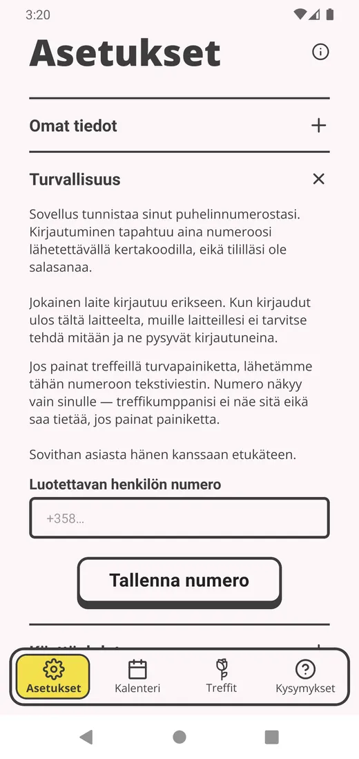 Asetusten Turvallisuus-osio avattuna, ja siinä kenttä luotettavan henkilön numerolle.