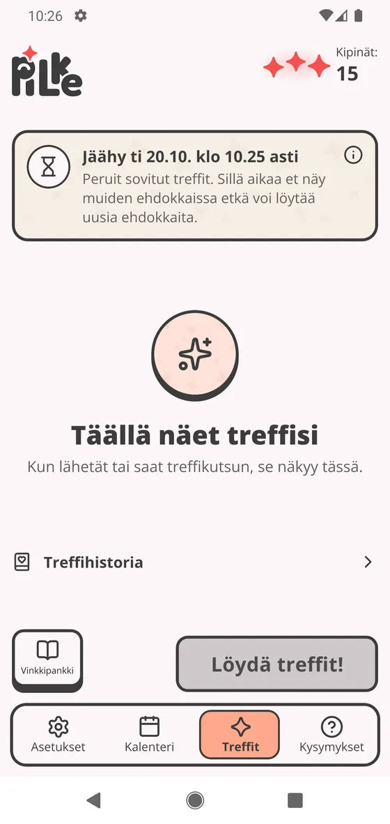 Ilmoitus Treffit-sivulla: et näy muiden ehdokkaissa etkä voi hakea uusia ehdokkaita