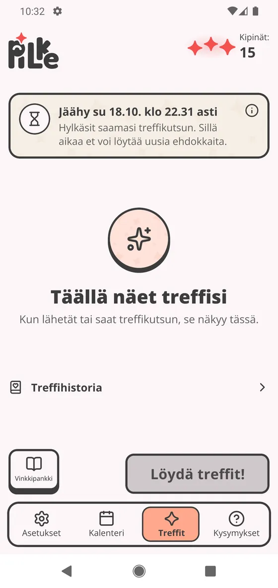 Ilmoitus Treffit-sivulla: et voi hakea uusia ehdokkaita, koska hylkäsit saamasi treffikutsun