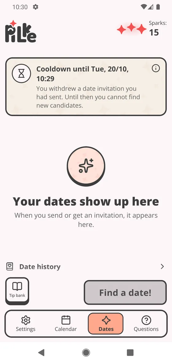 A notice on the Dates page: you cannot look for new candidates until a given time
