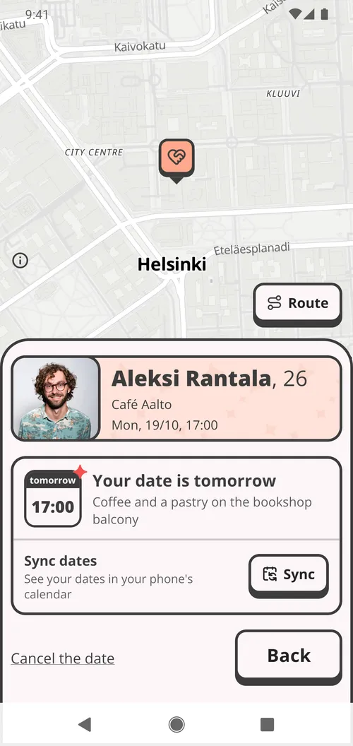 An agreed date on a phone: the time, the venue on a map, and the safety button.