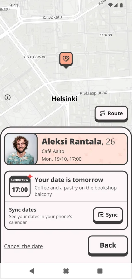 An agreed date on a phone: the time, the venue on a map, and the safety button.