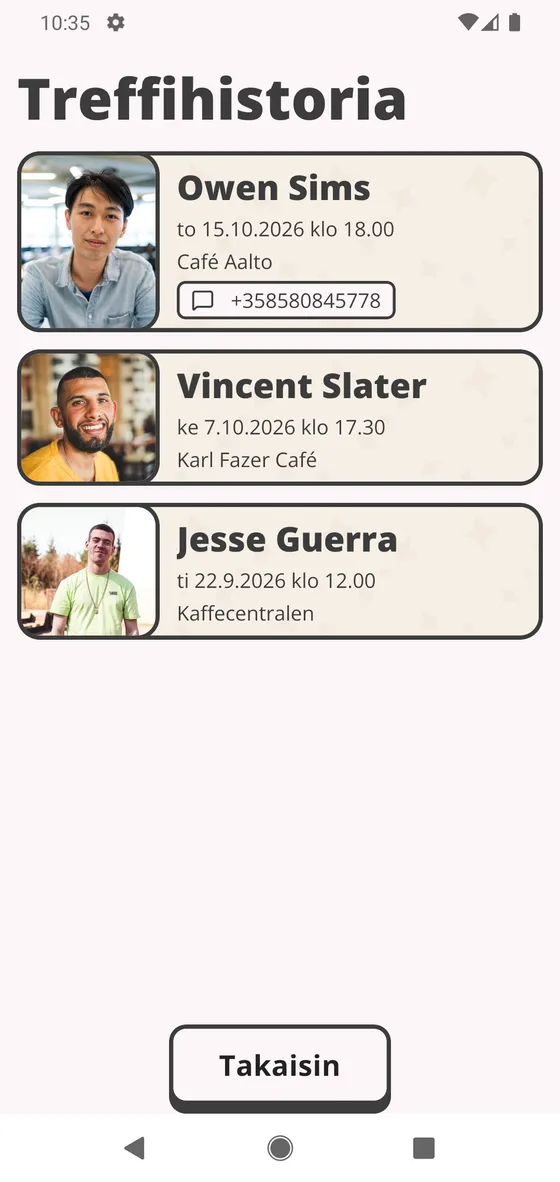 Treffihistoria: menneet treffit ja vaihdettu puhelinnumero