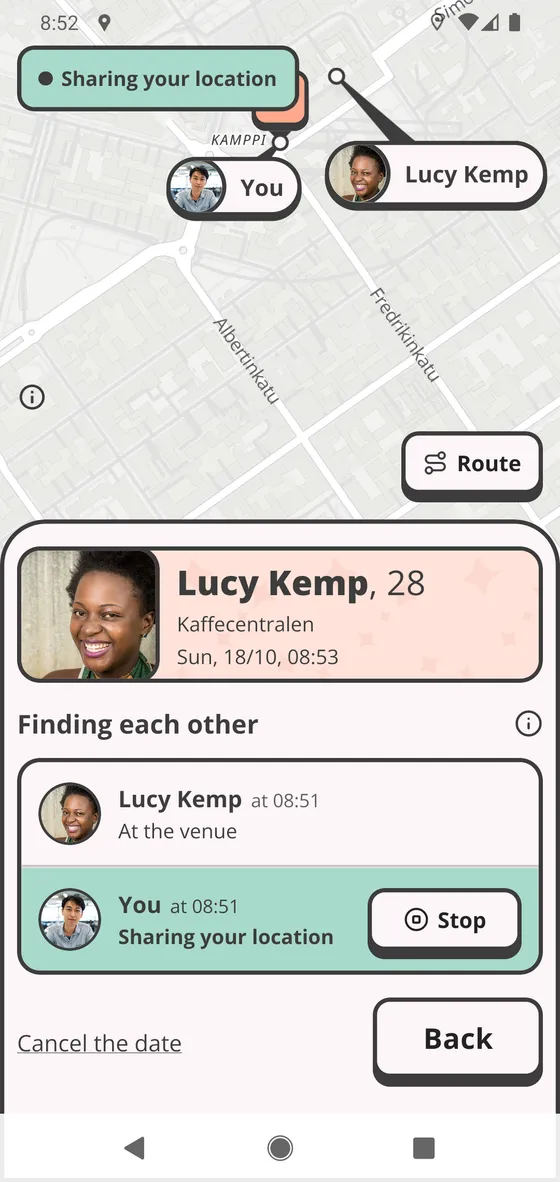 The map while you are both sharing: both pins, when your date's location last updated, and the Stop sharing my location button
