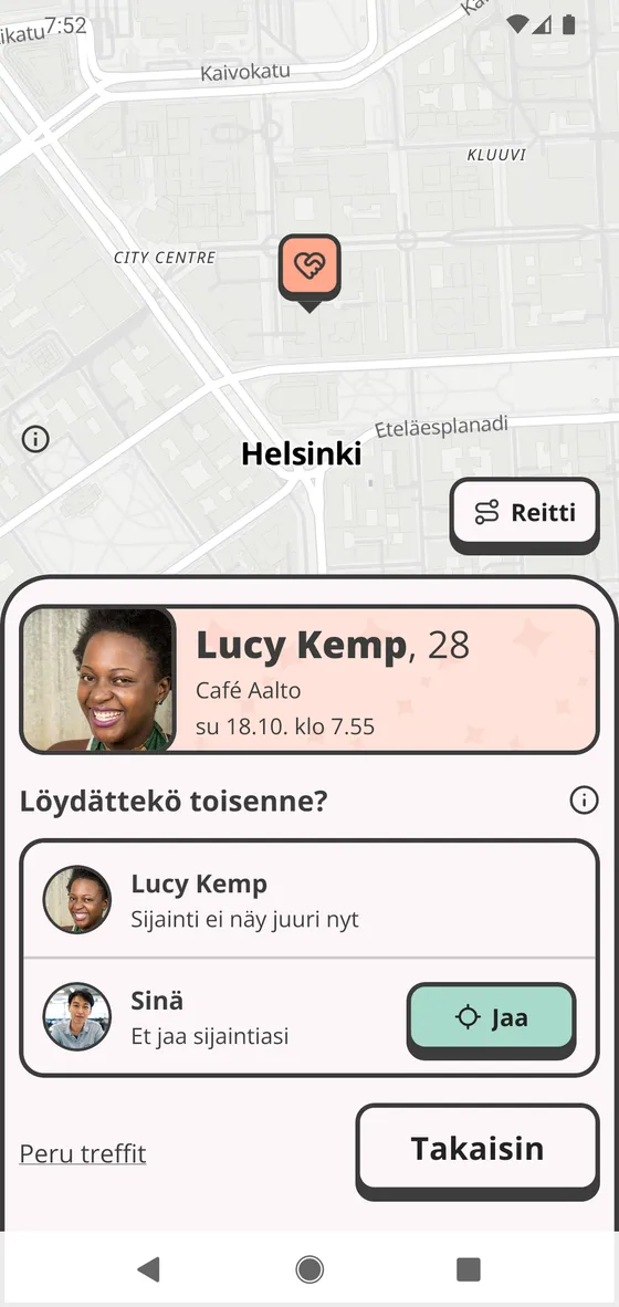 Treffipaikan kartta ja Jaa sijaintini -painike