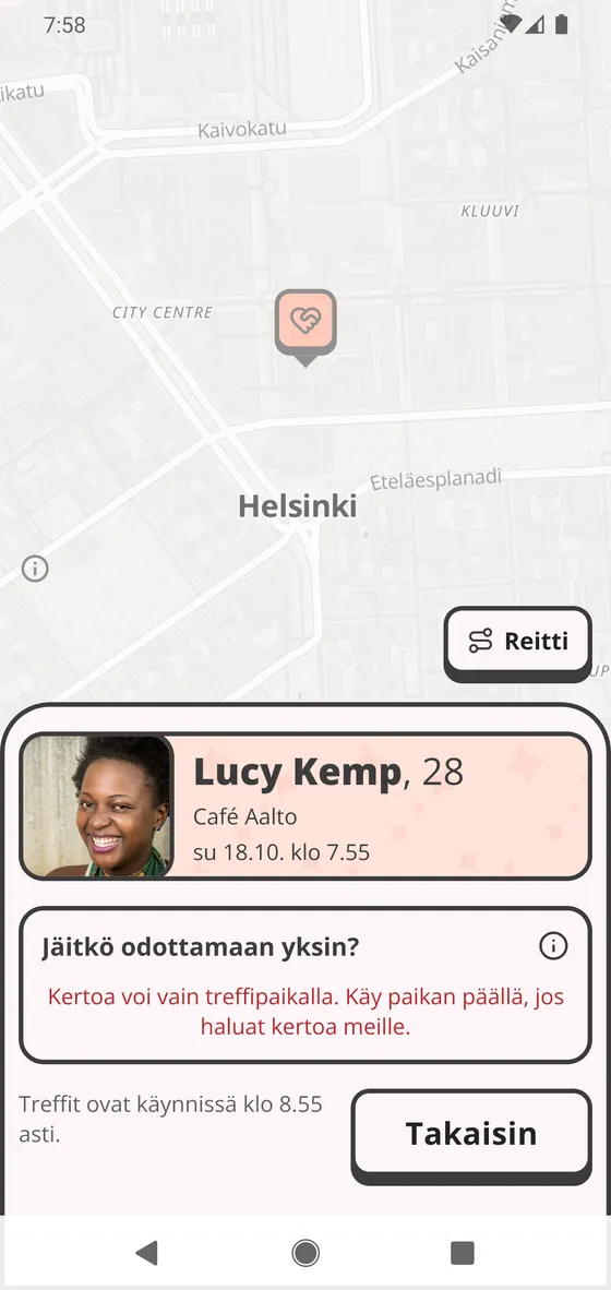 Ilmoitusta ei voi tehdä, koska et ole treffipaikalla