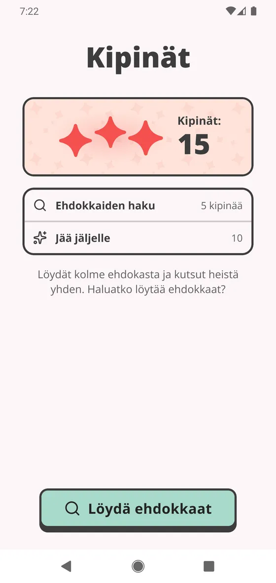 Treffikutsun viimeinen vaihe: kipinöiden määrä ja Löydä ehdokkaat -painike