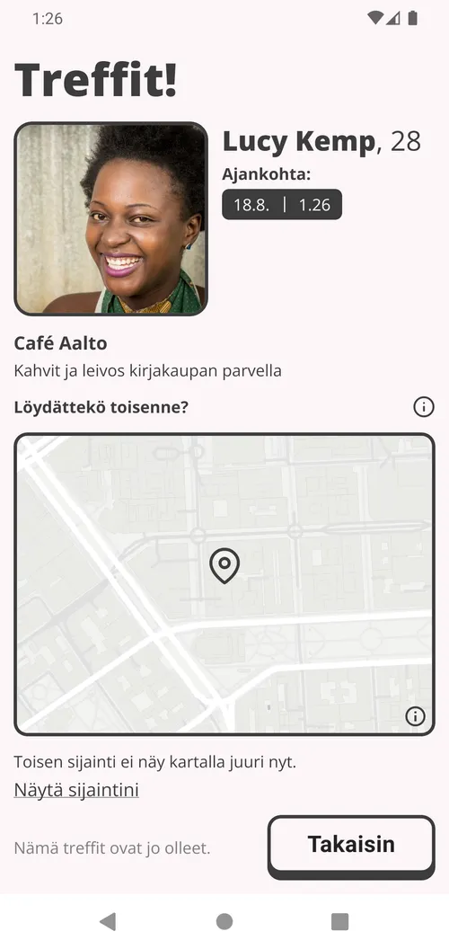 Sovitut treffit puhelimessa: aika, paikka kartalla ja turvapainike.