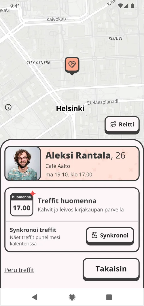 Sovitut treffit puhelimessa: aika, paikka kartalla ja turvapainike.