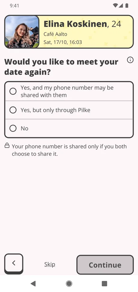 Date feedback on a phone: who the date was with and when, and the question of whether you would like to meet them again, with its options.