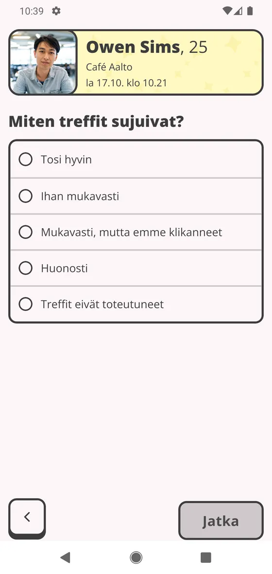 Treffipalaute: treffikumppani, treffien aika ja ensimmäinen kysymys
