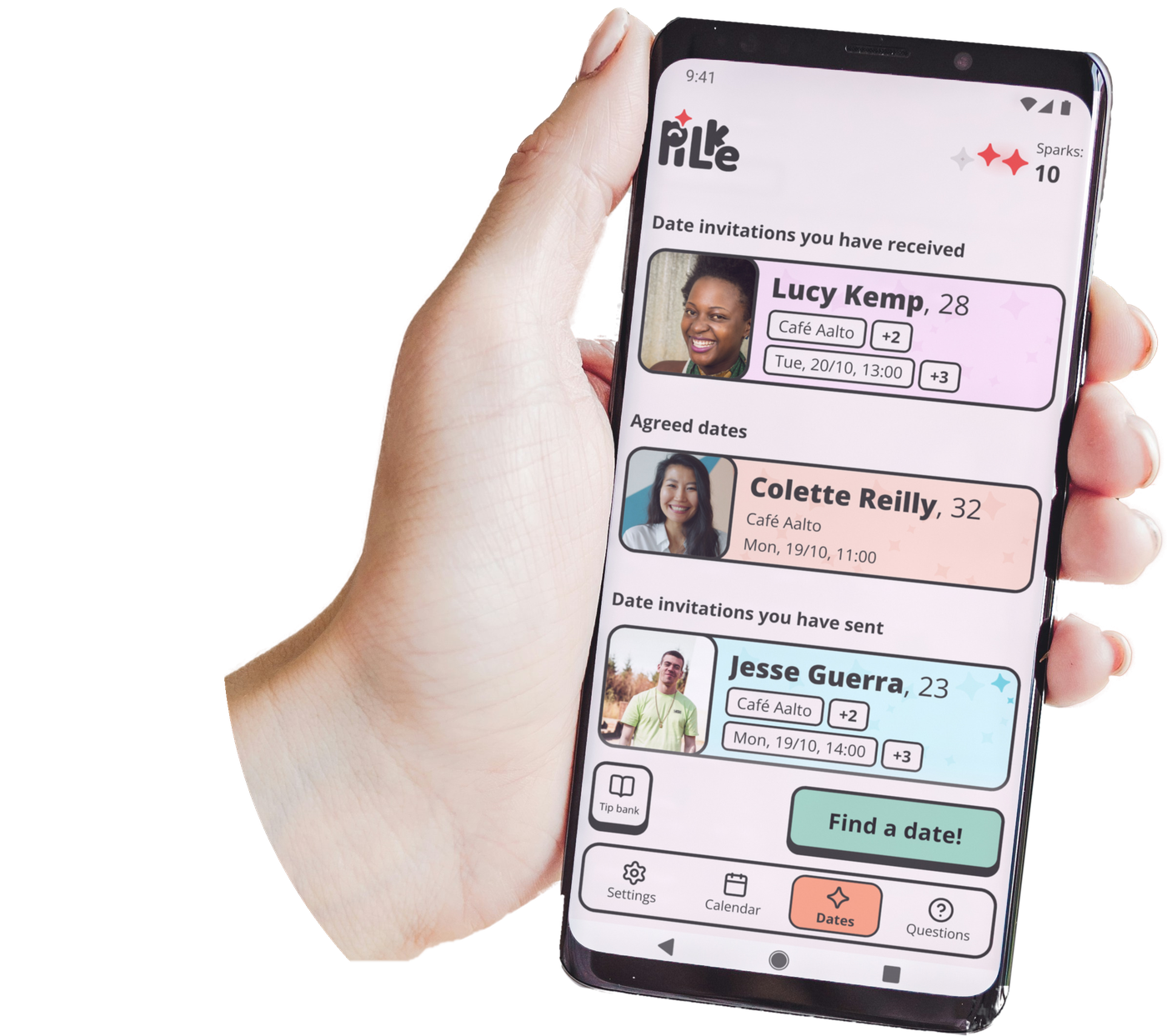 A hand holding a phone with the Pilke home screen: a date invitation received and a date agreed.