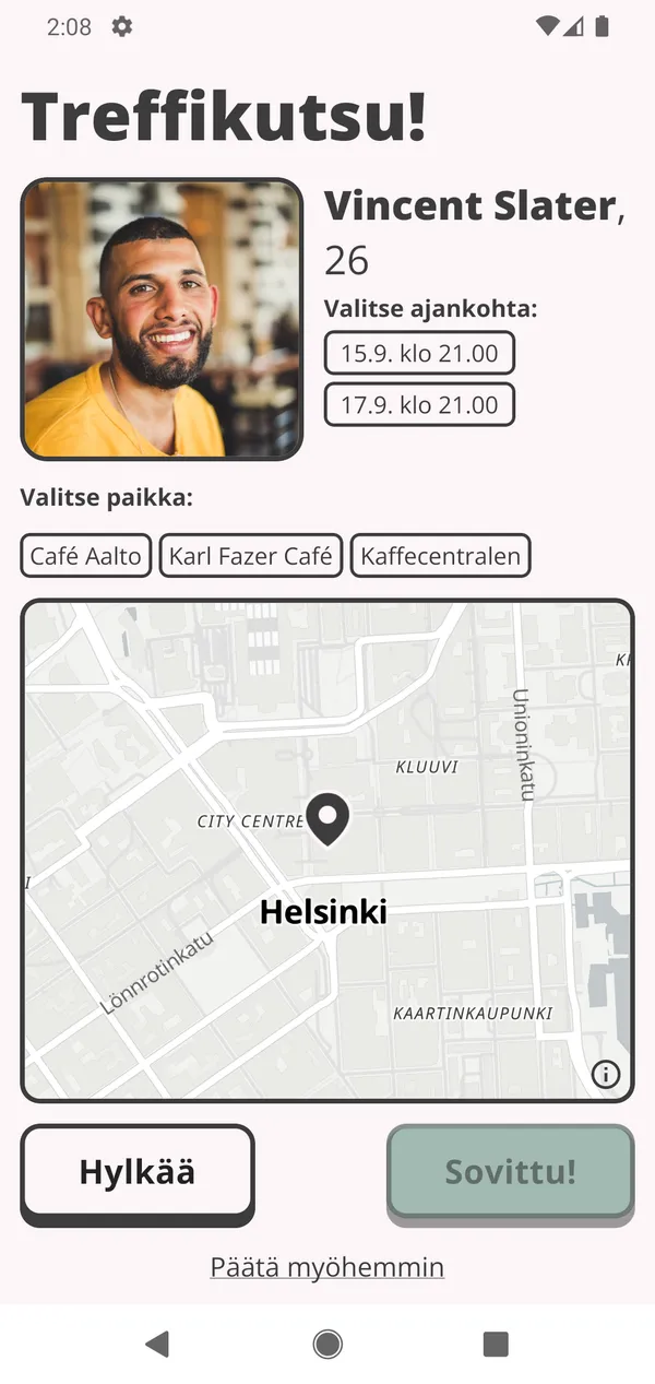 Saapunut treffikutsu: kutsujan nimi ja kuva, tarjotut ajat ja paikka.