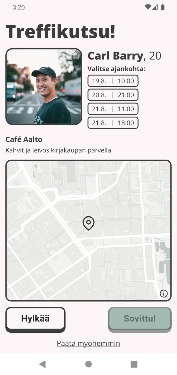 Saapunut treffikutsu: kutsujan nimi ja kuva, tarjotut ajat ja paikka.