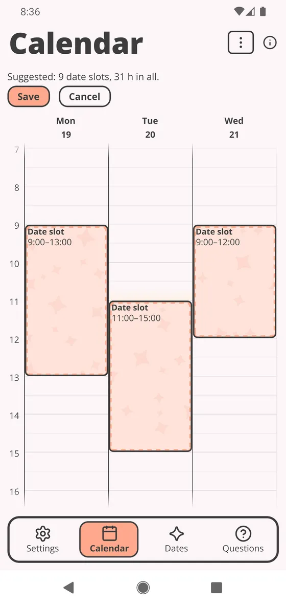 The Repeat this week proposal: suggested times drawn dashed, with a summary and the Save button above them
