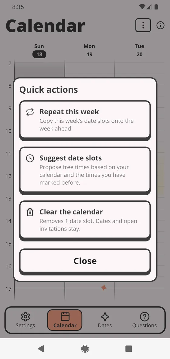 The calendar's Quick actions open: Repeat this week at the top, the ⋮ button behind it