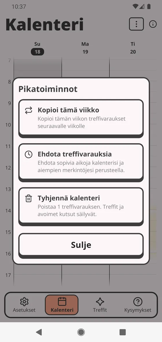 Kalenterin Pikatoiminnot auki: ylimpänä Kopioi tämä viikko, taustalla ⋮-painike