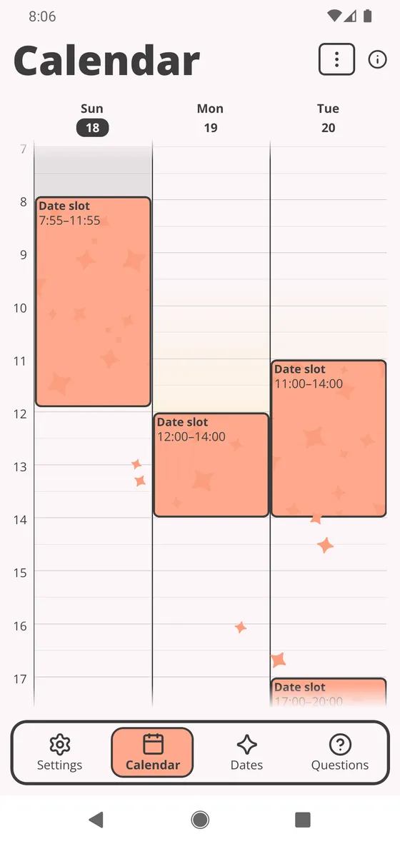 The calendar: your own markings in coral, with hours near them shaded yellow