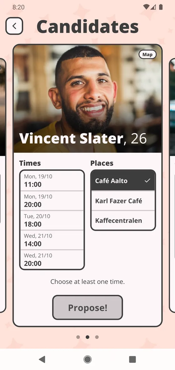 The Candidates screen: the middle candidate's card, the times you both have and the places
