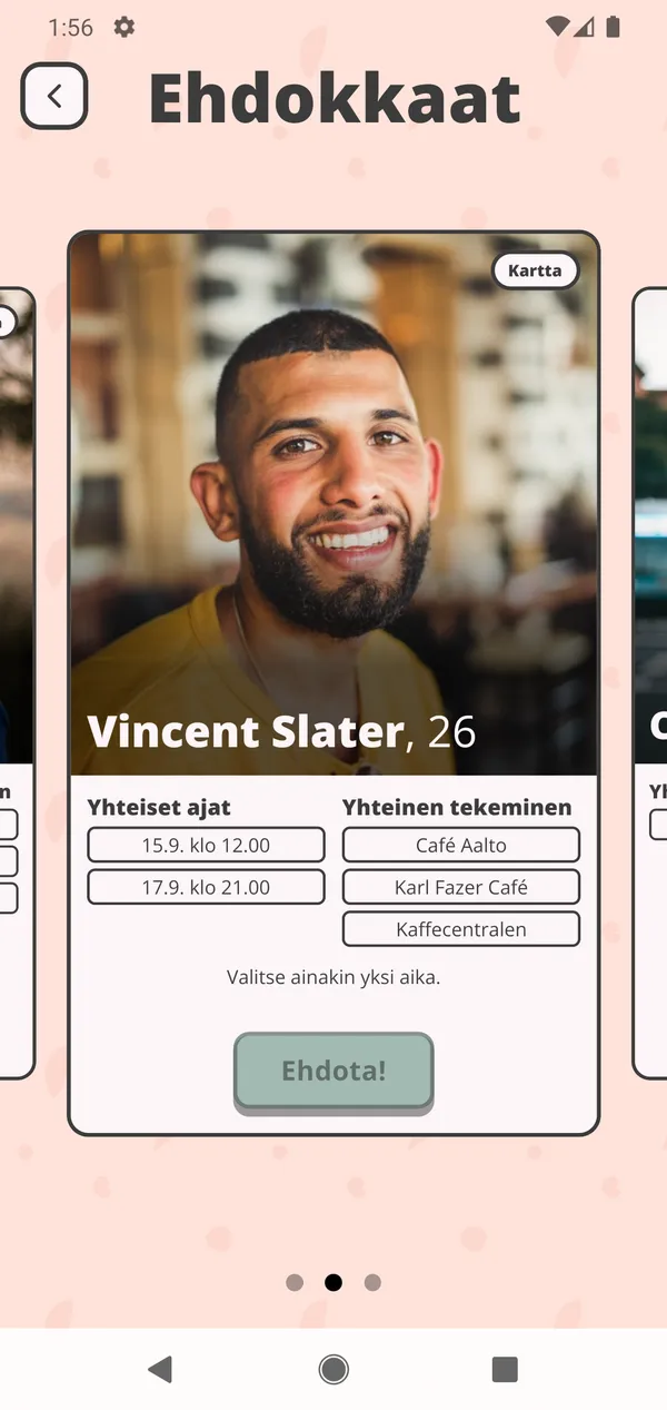 Ehdokkaat-näkymä: yksi ehdokas, hänen kanssaan yhteiset ajat ja valittu tekeminen.