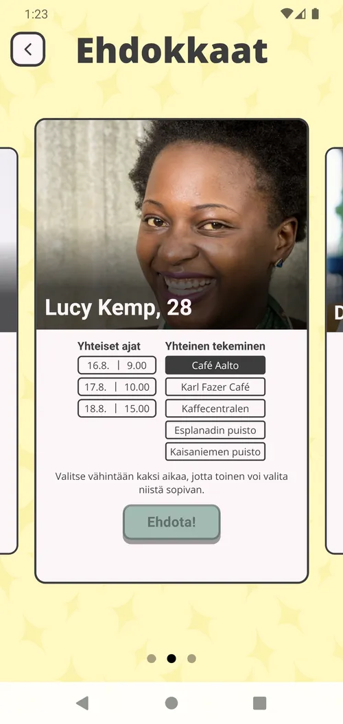 Ehdokkaat-näkymä: yksi ehdokas, hänen kanssaan yhteiset ajat ja valittu tekeminen.
