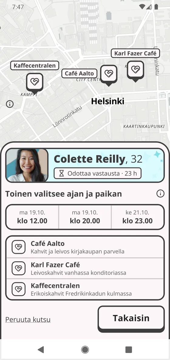 Lähetetty treffikutsu: ehdotetut ajat ja paikat, alhaalla Peruuta kutsu