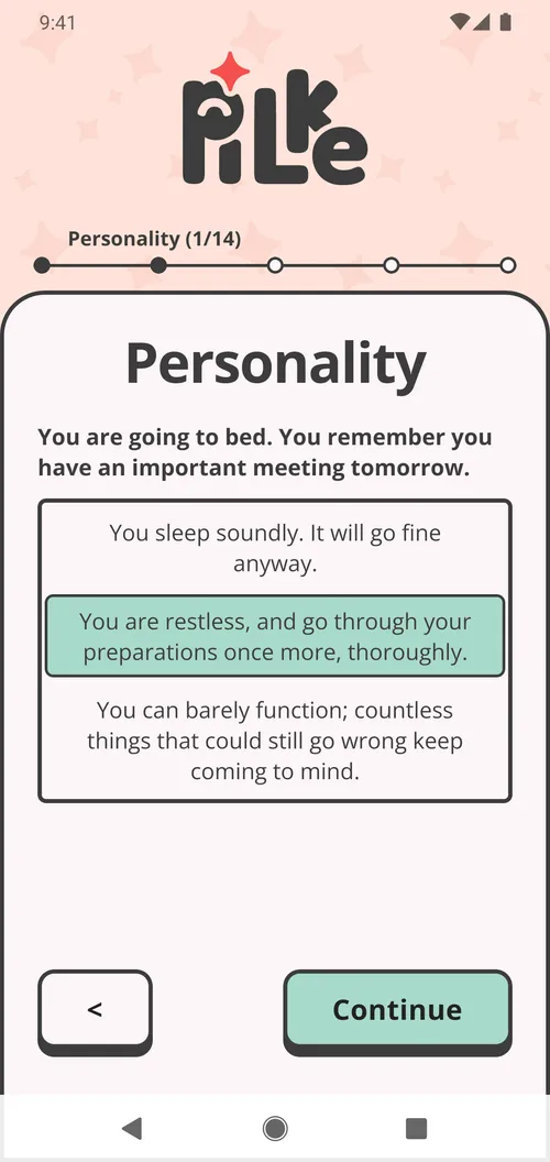 The first question of the personality quiz during onboarding: a situation and three options, one of which you pick.