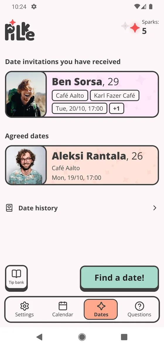 The Dates page: sparks at the top, invitations and dates in the middle, Find a date! at the bottom